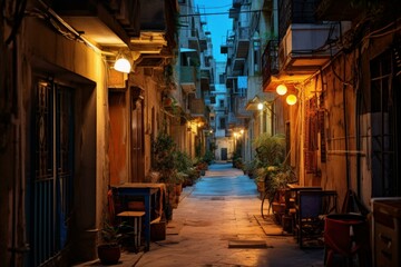 Fototapeta na wymiar Grimy City narrow alley night. Alley house old. Generate Ai