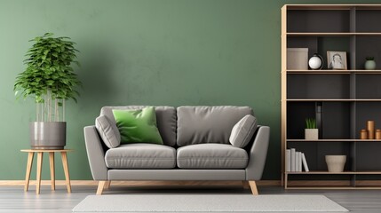 Interior design of living room with gray sofa design pouf wooden cube shlef and elegant personal accessories. Green wood panelling with shelf. Modern home decor. Mock up poster frame