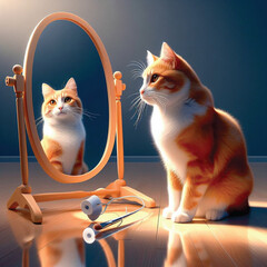 The cat is looking at its reflection in the mirror