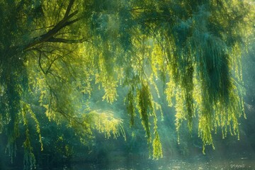 Enchanting Sunrays Filtering Through the Lush Canopy of a Weeping Willow Tree - obrazy, fototapety, plakaty