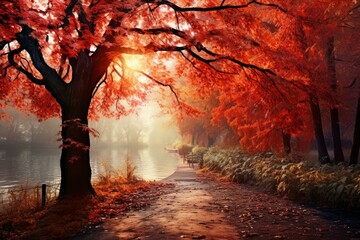 Vibrant Nature autumn landscape art. Beauty art. Generate Ai