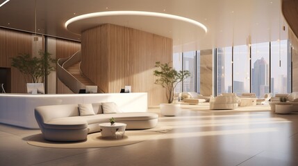 Modern and luxurious Offices lobby interior area . Reception counter des