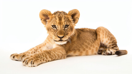 A cute little lion cub isolated on a white background