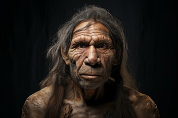 Broad Neanderthal man face. Primitive history old male portrait. Generate Ai