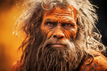 Striking Neanderthal man face orange background. Male museum home portrait. Generate Ai