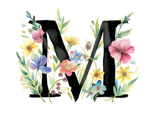 Watercolor bouquet of wildflowers and leaves on a black "M". Perfect for wedding and greeting designs, infusing creations with summer floral meadow vibes.