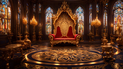 Luxurious gold palace interior, throne and decorations
