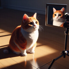 The cat is looking at its own reflection in the mirror