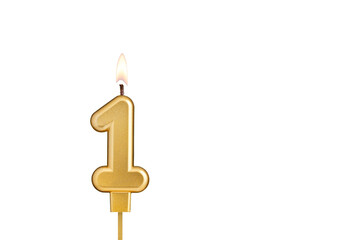 Golden number 1 birthday candle on white background