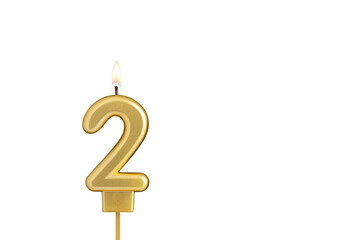 Birthday candle number 2 on white background