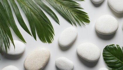 Top view of white stones and palm leaves on a white backdrop, creating a luxurious spa and tropical...