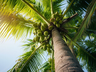 In a lush garden, a tall coconut tree displays its trunk, stem, and bark. At the top, green coconuts await harvest, surrounded by vibrant foliage. This palm symbolizes agriculture's vital role