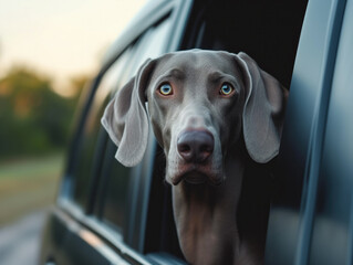 A dog, with short blue hair, peers out of a car window. The image zooms in on this hunting dog, patiently waiting for its owner, with hanging ears and a longing gaze.