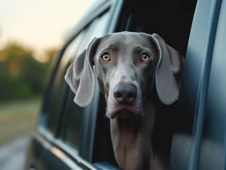 Foto op Plexiglas A dog, with short blue hair, peers out of a car window. The image zooms in on this hunting dog, patiently waiting for its owner, with hanging ears and a longing gaze. © aka_artiom