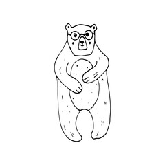 Bear standing on two legs in doodle style.Wild animal with glasses on an isolated white background.Vector.