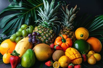 "Lush collection of exotic fruits with palm leaves. Rich color photography for a tropical produce theme. Design for culinary magazine, healthy eating blog, fruit arrangement service."