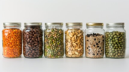 "Selection of pulses, grains, and nuts for a balanced diet. Neatly arranged jars for kitchen decor and functionality concept. Design for vegan and vegetarian food guide, dietitian consultation."