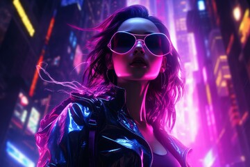 Rebellious Neon cyberpunk woman. Digital gamer. Fictional person. Generate Ai