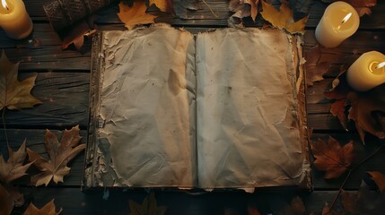 Open ancient old book with empty pages and leaves and candles - obrazy, fototapety, plakaty
