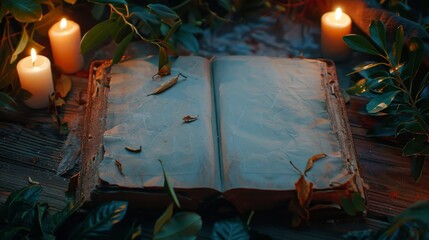 Open ancient old book with empty pages and leaves and candles - obrazy, fototapety, plakaty