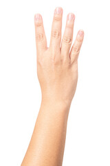 Obraz premium Male hand show finger number four isolated on white background.