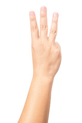 Male hand show finger number three isolated on white background.