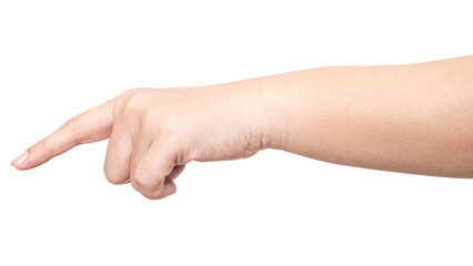 Male hand touching or pointing to something isolated on white background.