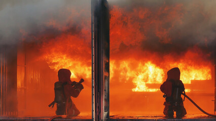 Firefighter fighting with fire flame protection property. Fireman wear hard hat, body safe suit...