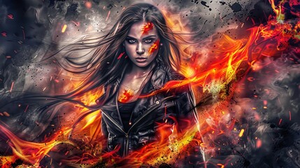 The girl is the mistress of fire. Vevushka and flame of fire.