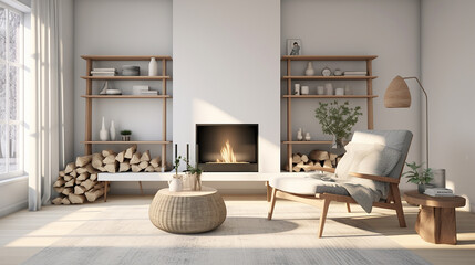 nordic minimalist space with fireplace