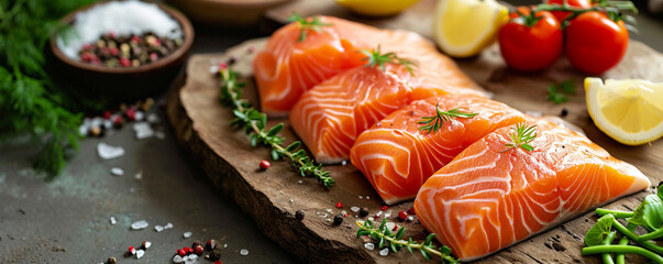 Tasty raw salmon on a cutting board
