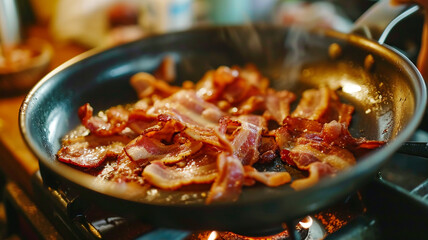 Bacon strips cooking in a hot pan - obrazy, fototapety, plakaty