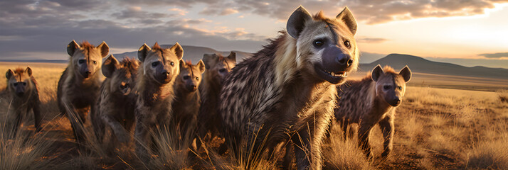 Roaming Free: A Glimpse Into The Intricate Social Interactions Of A Hyena Pack In The African Savannah - obrazy, fototapety, plakaty