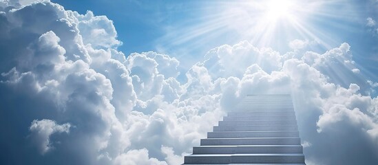 Cloudy stairway leading up to heavenly with toward the light blue sky - obrazy, fototapety, plakaty