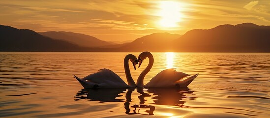 Couple swans forming love heart on the lake at sunset sky background