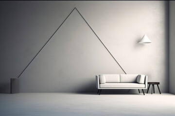 white couch sits in a living room with a large triangle painted on the wall above - obrazy, fototapety, plakaty