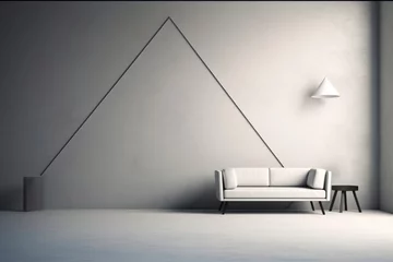 Fotobehang white couch sits in a living room with a large triangle painted on the wall above © Jettanut