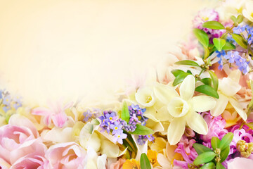 Blossoming white and light yellow daffodils, pink hyacinths and spring flowers festive background, bright springtime bouquet floral card, selective focus, shallow DOF 