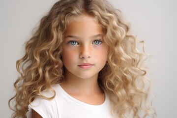 Portrait of a beautiful little girl with long blond curly hair.