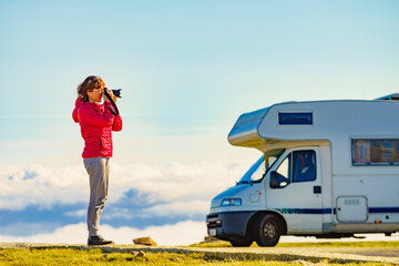 Tourist enjoy mountain view, traveling with caravan