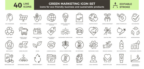 Eco-Friendly Business and Green Marketing: 40 Thin Line Icons Set with Editable Stroke. Perfect for Sustainability, Recycling, Organic and Environmentaly Friendly Products