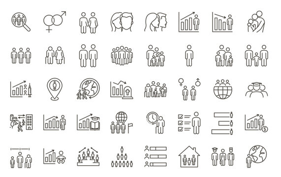 Comprehensive Demographic and Social Trends Icon Set: 40 Thin Line Vector Icons for Population Analysis, Mortality, Longevity, Education, Employment, Gender Diversity, Family Dynamics, and Migration.