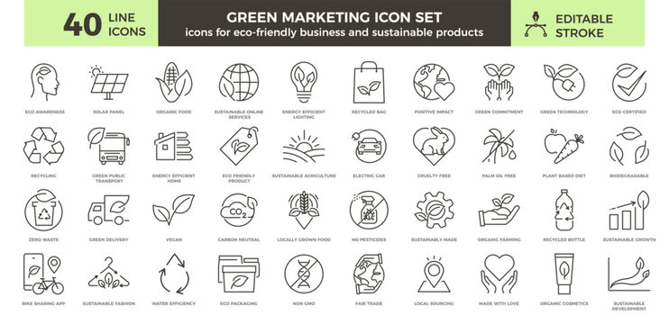 Eco-Friendly Business and Green Marketing: 40 Thin Line Icons Set with Editable Stroke. Perfect for Sustainability, Recycling, Organic and Environmentaly Friendly Products