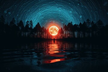 Neon moon lake. Neon water lake. Generate Ai