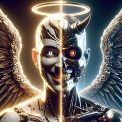 robot'face has two side,one side is angel,another side is demon with Generative AI.