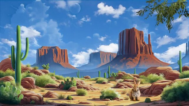 Bunny with flying eagle in valley state country. Seamless looping time-lapse video animation background