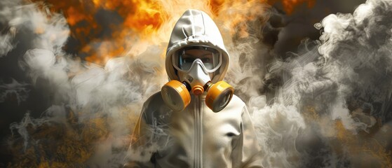 Obraz premium A girl in a gas mask against the background of a fire. A girl breathes through a gas mask surrounded by smoke