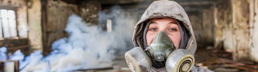 Fototapeta premium A girl in a gas mask against the background of a fire. A girl breathes through a gas mask surrounded by smoke