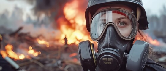 A girl in a gas mask against the background of a fire. A girl breathes through a gas mask surrounded by smoke - obrazy, fototapety, plakaty