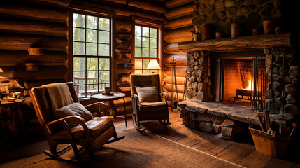 rustic wooden cabin room reflexology room with fireplace - obrazy, fototapety, plakaty